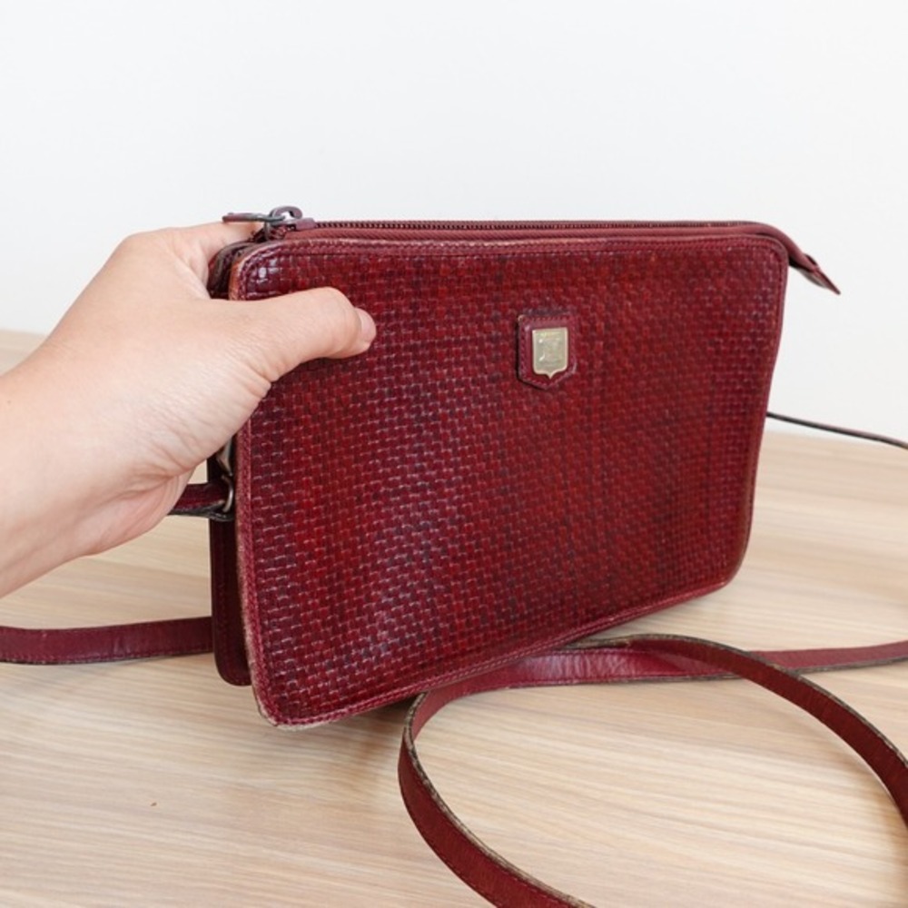 VINTAGE Celine Bag Leather Crossbody Shoulder Sling Purse Burgundy Weave Y2K